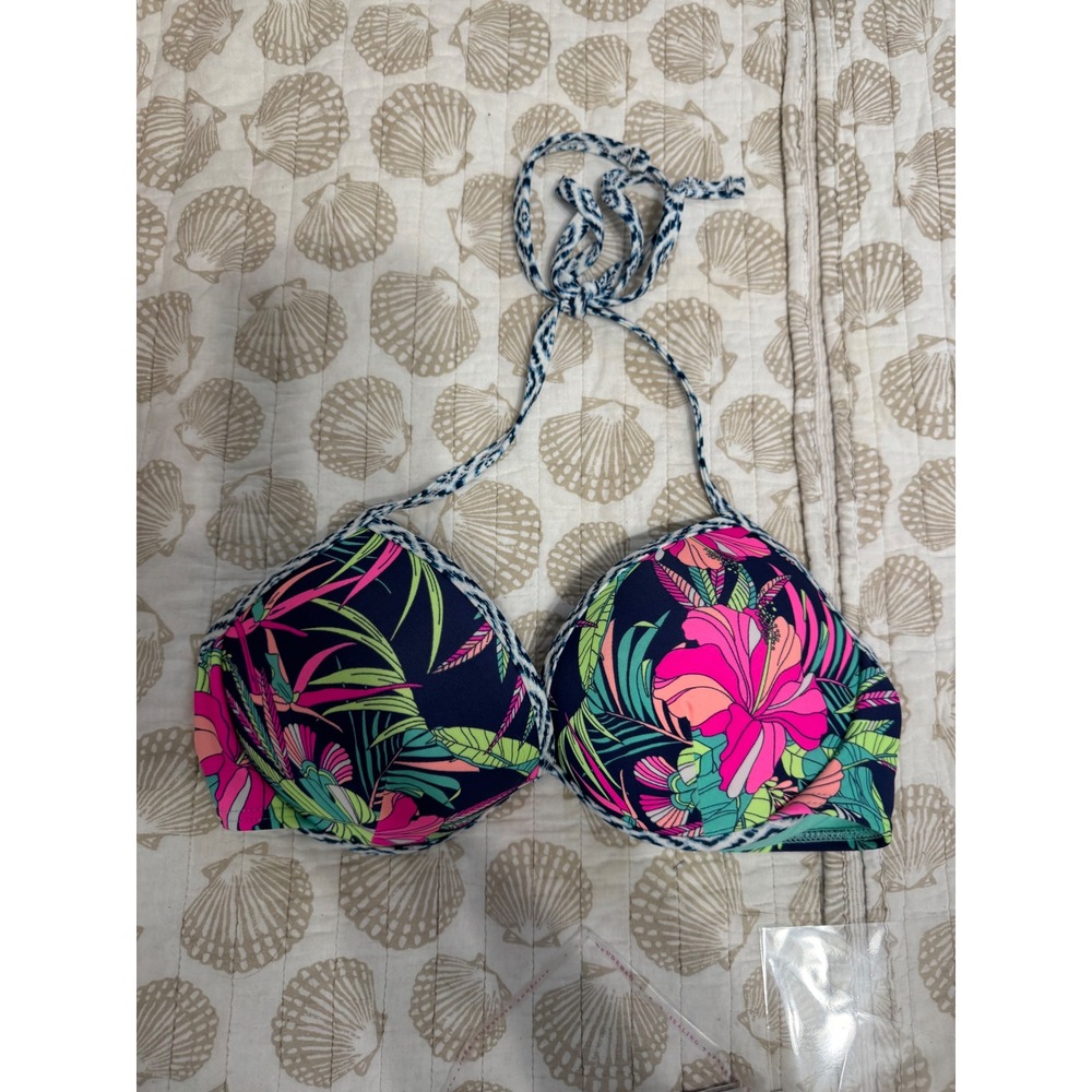 Arizona Jean‎ Co Tropical Floral Push Up Halter Bikini Top Navy Pink XL